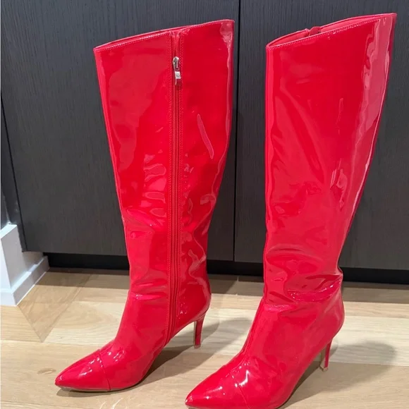 Red Patent Leather Knee-High Boots - Picture 4 of 6